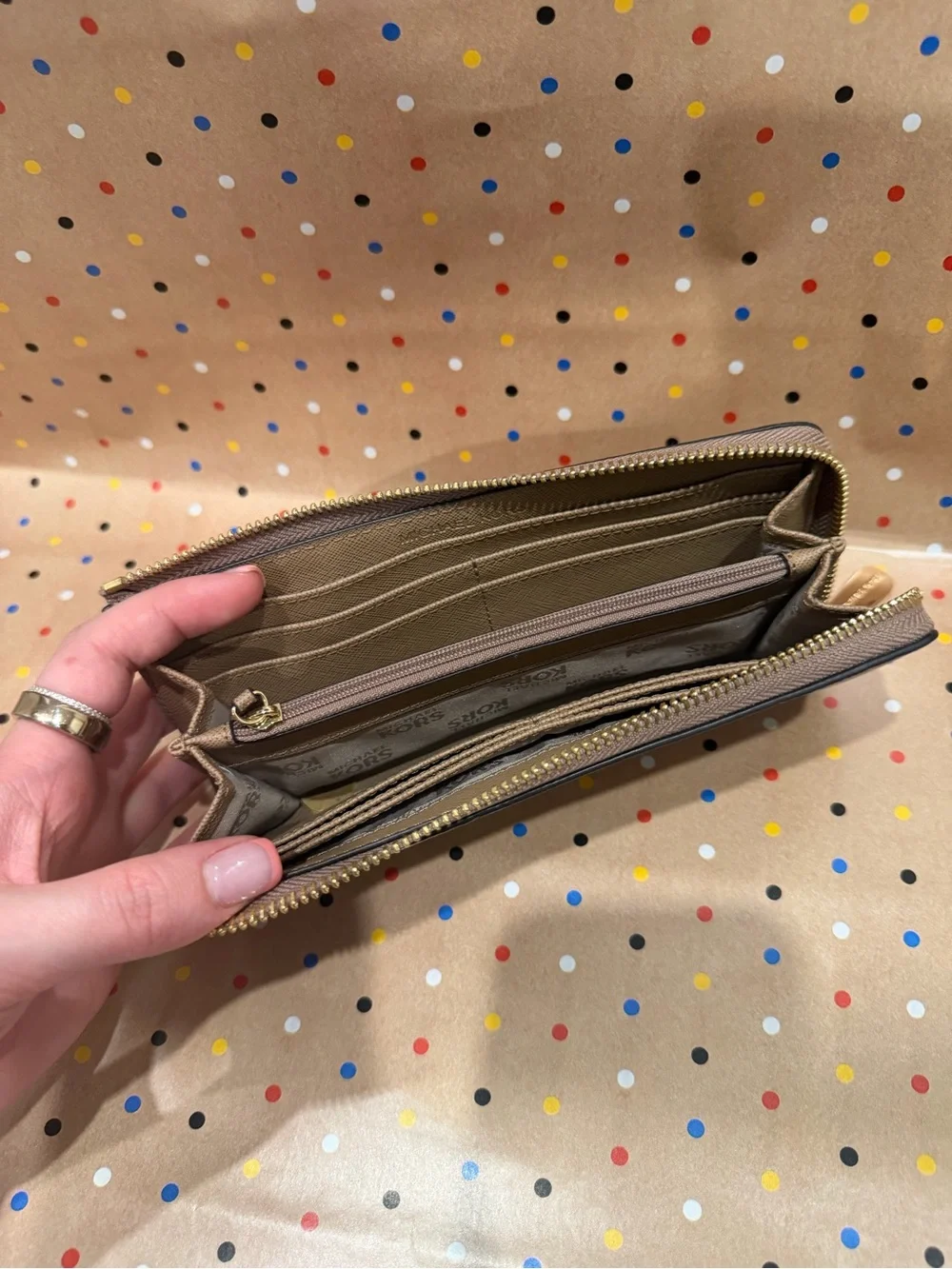 Michael Kors Taupe Pebbled Leather Zip Wallet with Gold Logo